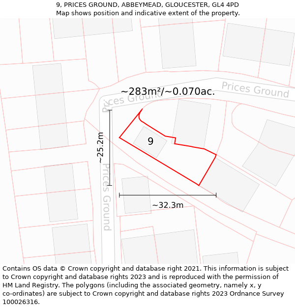 9, PRICES GROUND, ABBEYMEAD, GLOUCESTER, GL4 4PD: Plot and title map