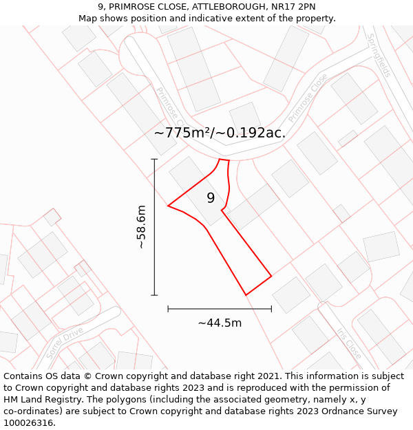 9, PRIMROSE CLOSE, ATTLEBOROUGH, NR17 2PN: Plot and title map