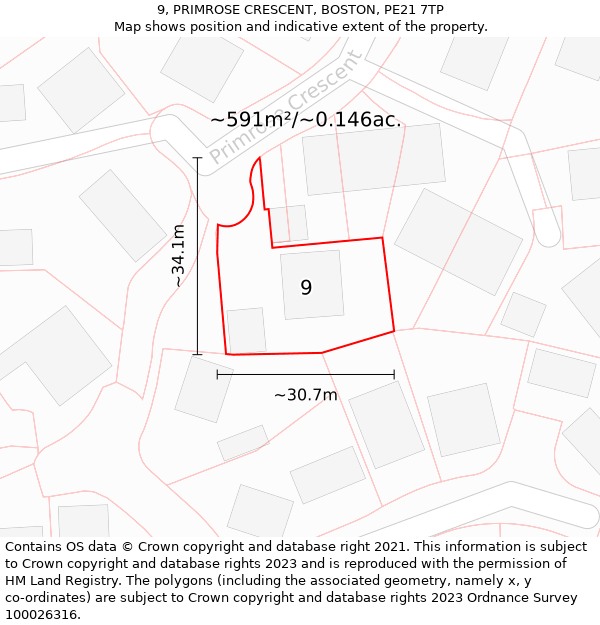 9, PRIMROSE CRESCENT, BOSTON, PE21 7TP: Plot and title map