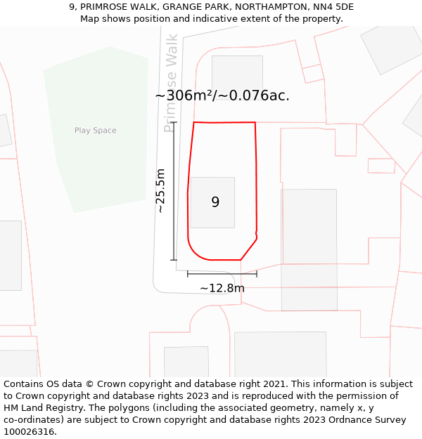 9, PRIMROSE WALK, GRANGE PARK, NORTHAMPTON, NN4 5DE: Plot and title map