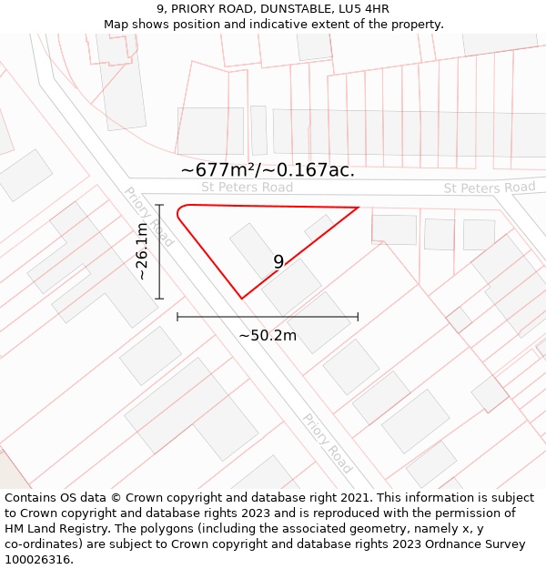 9, PRIORY ROAD, DUNSTABLE, LU5 4HR: Plot and title map