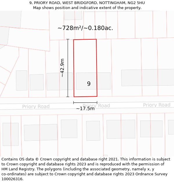 9, PRIORY ROAD, WEST BRIDGFORD, NOTTINGHAM, NG2 5HU: Plot and title map