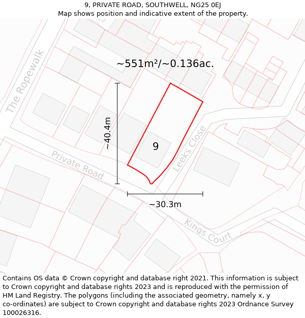 9, PRIVATE ROAD, SOUTHWELL, NG25 0EJ: Plot and title map