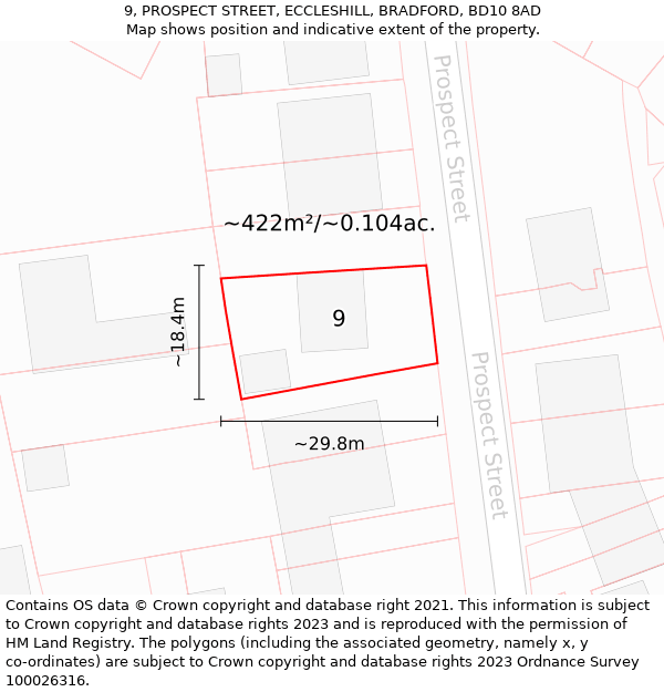 9, PROSPECT STREET, ECCLESHILL, BRADFORD, BD10 8AD: Plot and title map