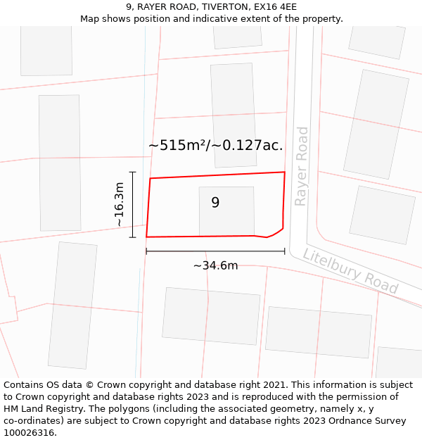 9, RAYER ROAD, TIVERTON, EX16 4EE: Plot and title map