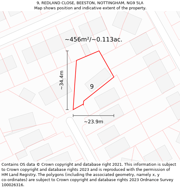 9, REDLAND CLOSE, BEESTON, NOTTINGHAM, NG9 5LA: Plot and title map