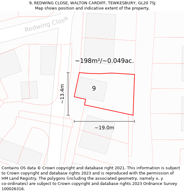 9, REDWING CLOSE, WALTON CARDIFF, TEWKESBURY, GL20 7SJ: Plot and title map