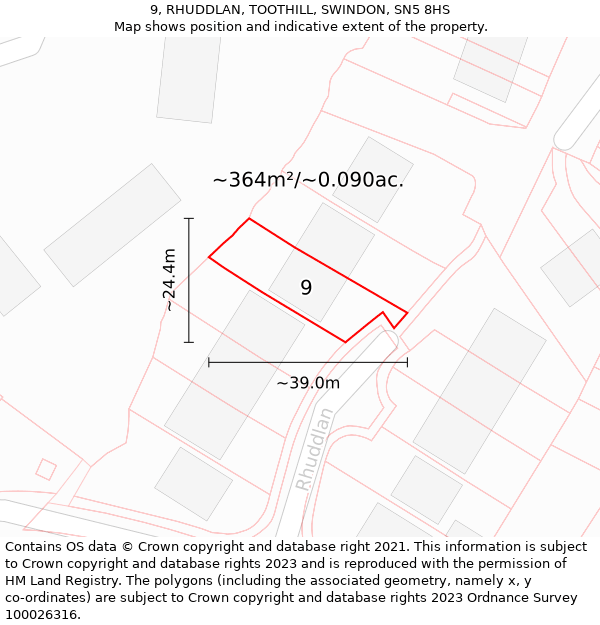 9, RHUDDLAN, TOOTHILL, SWINDON, SN5 8HS: Plot and title map