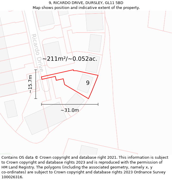 9, RICARDO DRIVE, DURSLEY, GL11 5BD: Plot and title map