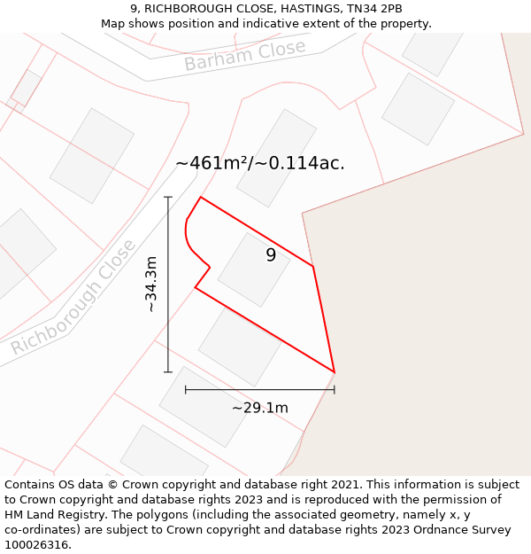 9, RICHBOROUGH CLOSE, HASTINGS, TN34 2PB: Plot and title map