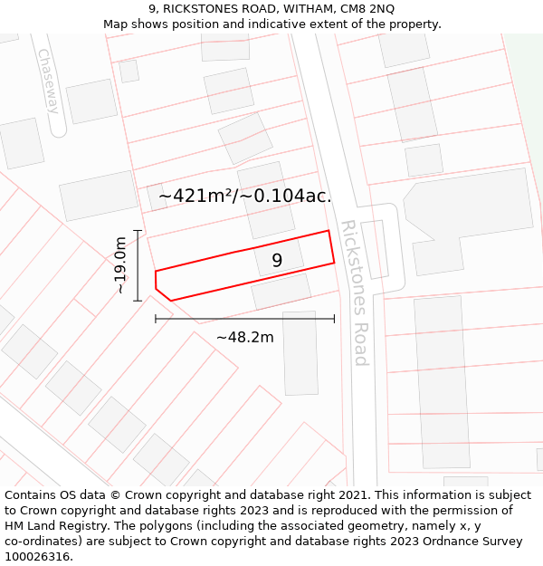 9, RICKSTONES ROAD, WITHAM, CM8 2NQ: Plot and title map