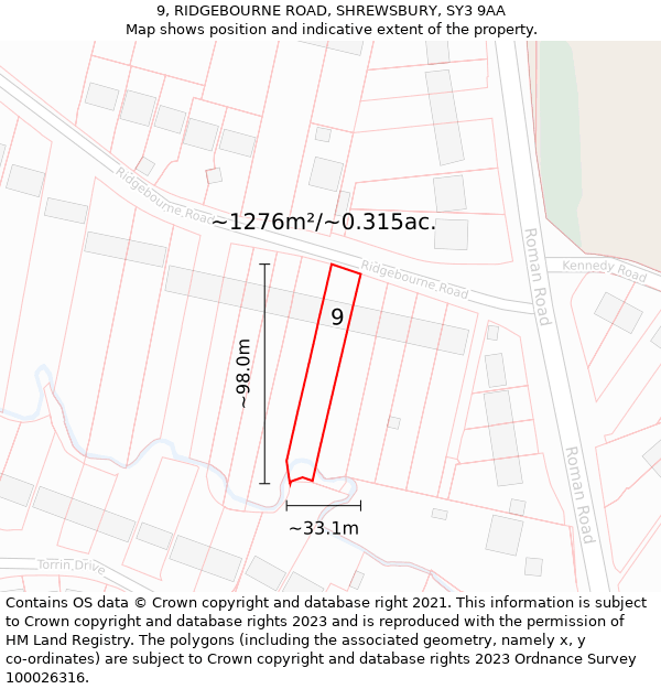 9, RIDGEBOURNE ROAD, SHREWSBURY, SY3 9AA: Plot and title map