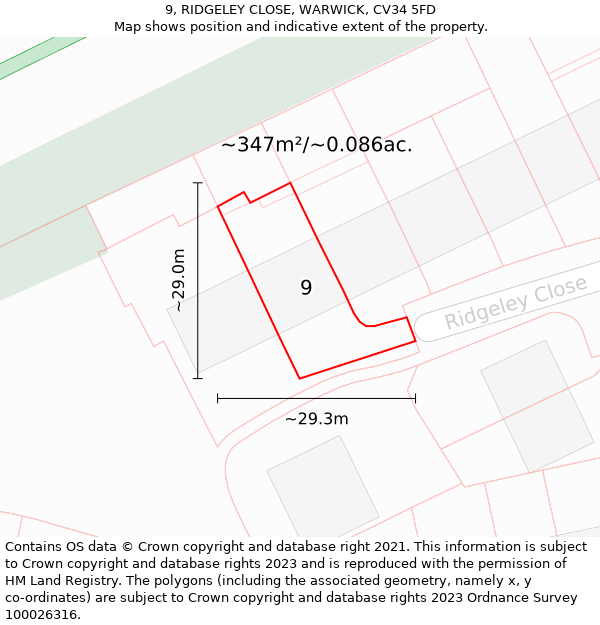 9, RIDGELEY CLOSE, WARWICK, CV34 5FD: Plot and title map