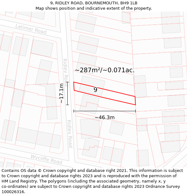 9, RIDLEY ROAD, BOURNEMOUTH, BH9 1LB: Plot and title map