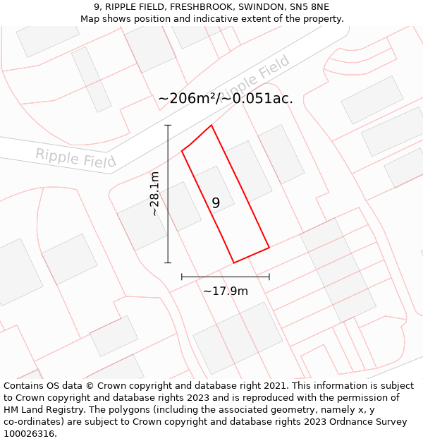 9, RIPPLE FIELD, FRESHBROOK, SWINDON, SN5 8NE: Plot and title map