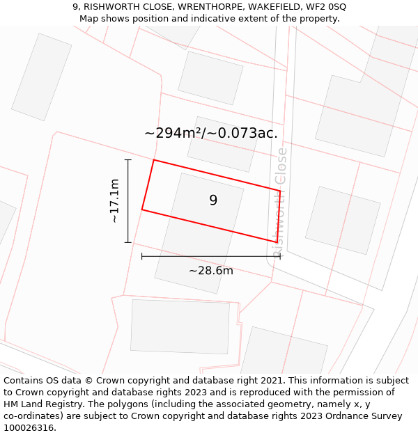 9, RISHWORTH CLOSE, WRENTHORPE, WAKEFIELD, WF2 0SQ: Plot and title map