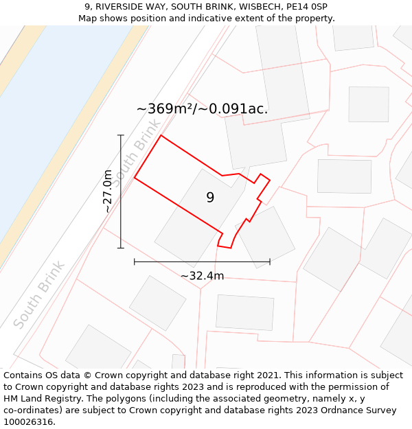 9, RIVERSIDE WAY, SOUTH BRINK, WISBECH, PE14 0SP: Plot and title map