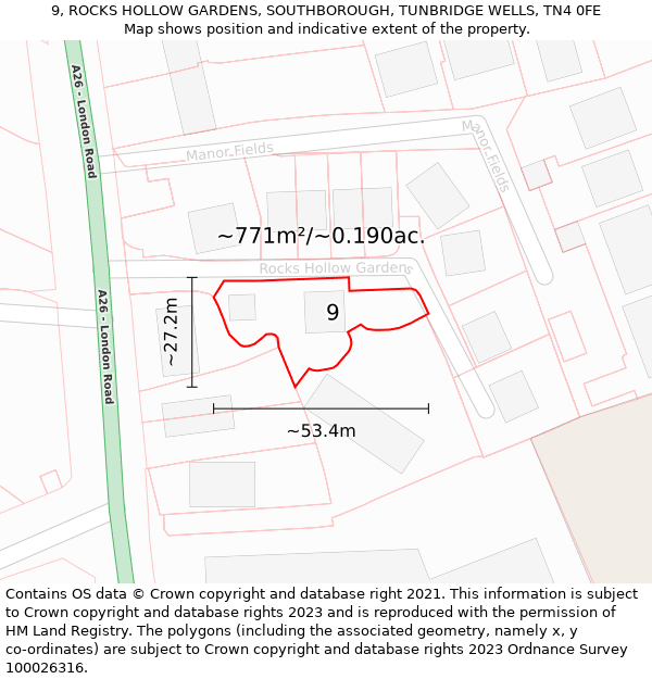 9, ROCKS HOLLOW GARDENS, SOUTHBOROUGH, TUNBRIDGE WELLS, TN4 0FE: Plot and title map