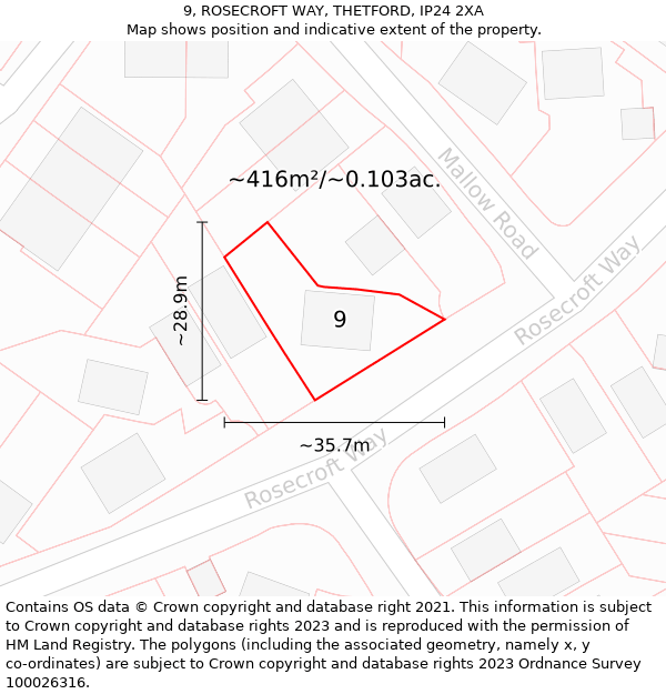 9, ROSECROFT WAY, THETFORD, IP24 2XA: Plot and title map