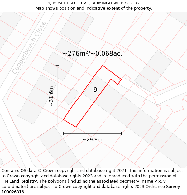 9, ROSEHEAD DRIVE, BIRMINGHAM, B32 2HW: Plot and title map