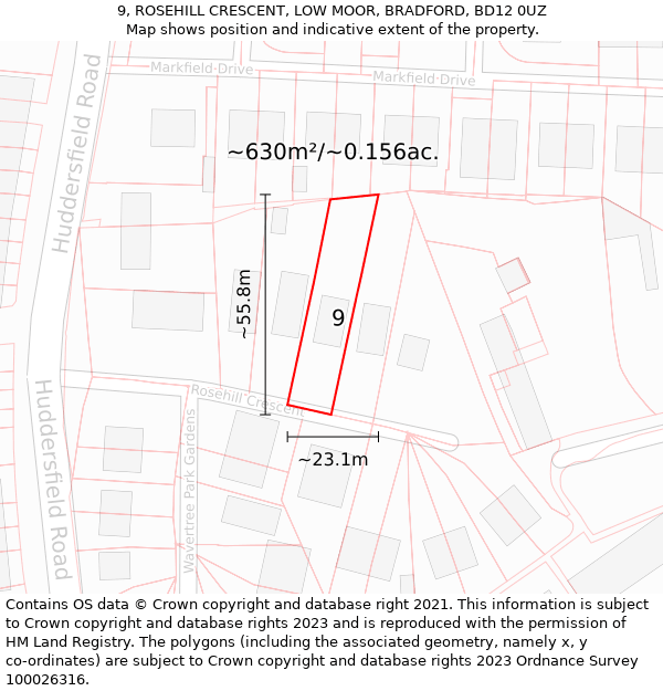 9, ROSEHILL CRESCENT, LOW MOOR, BRADFORD, BD12 0UZ: Plot and title map