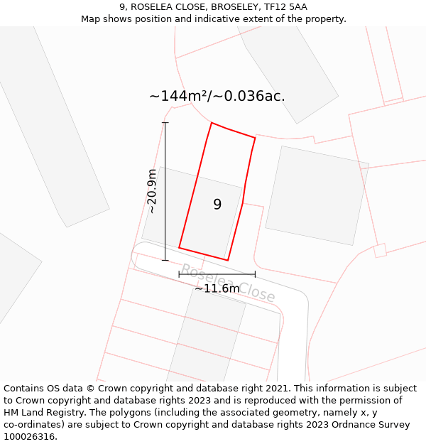 9, ROSELEA CLOSE, BROSELEY, TF12 5AA: Plot and title map