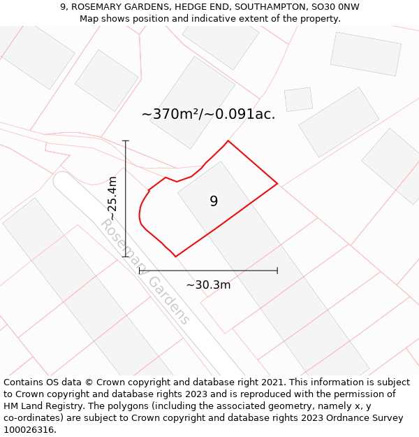 9, ROSEMARY GARDENS, HEDGE END, SOUTHAMPTON, SO30 0NW: Plot and title map