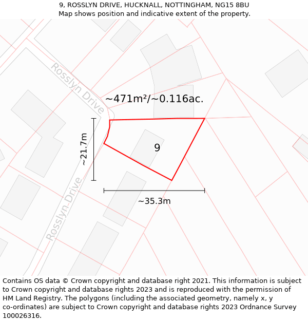 9, ROSSLYN DRIVE, HUCKNALL, NOTTINGHAM, NG15 8BU: Plot and title map