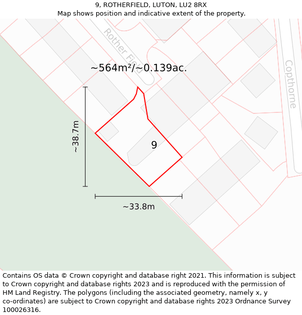9, ROTHERFIELD, LUTON, LU2 8RX: Plot and title map