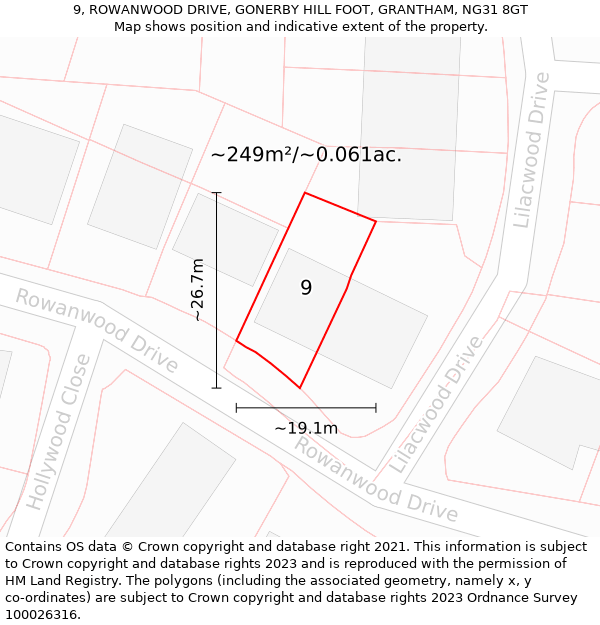 9, ROWANWOOD DRIVE, GONERBY HILL FOOT, GRANTHAM, NG31 8GT: Plot and title map