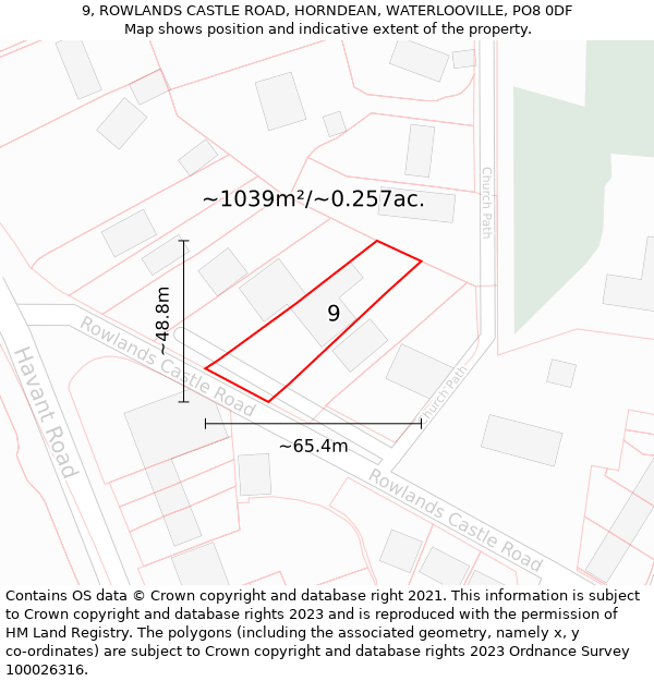 9, ROWLANDS CASTLE ROAD, HORNDEAN, WATERLOOVILLE, PO8 0DF: Plot and title map