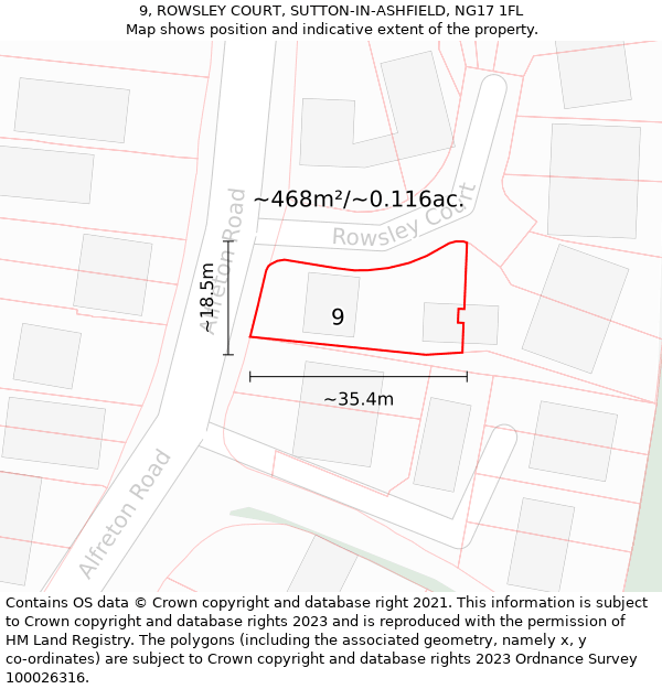 9, ROWSLEY COURT, SUTTON-IN-ASHFIELD, NG17 1FL: Plot and title map