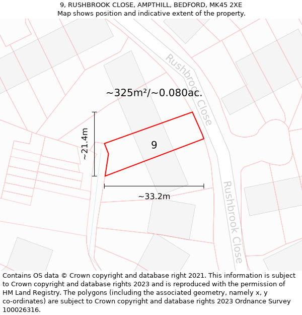 9, RUSHBROOK CLOSE, AMPTHILL, BEDFORD, MK45 2XE: Plot and title map