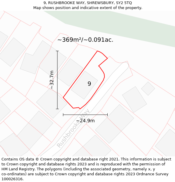 9, RUSHBROOKE WAY, SHREWSBURY, SY2 5TQ: Plot and title map