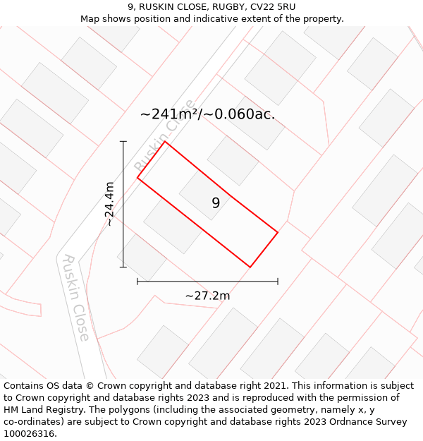 9, RUSKIN CLOSE, RUGBY, CV22 5RU: Plot and title map