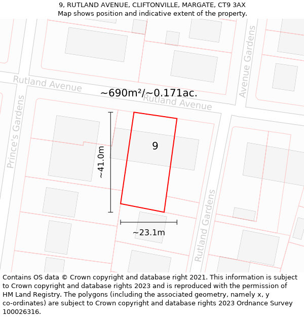 9, RUTLAND AVENUE, CLIFTONVILLE, MARGATE, CT9 3AX: Plot and title map