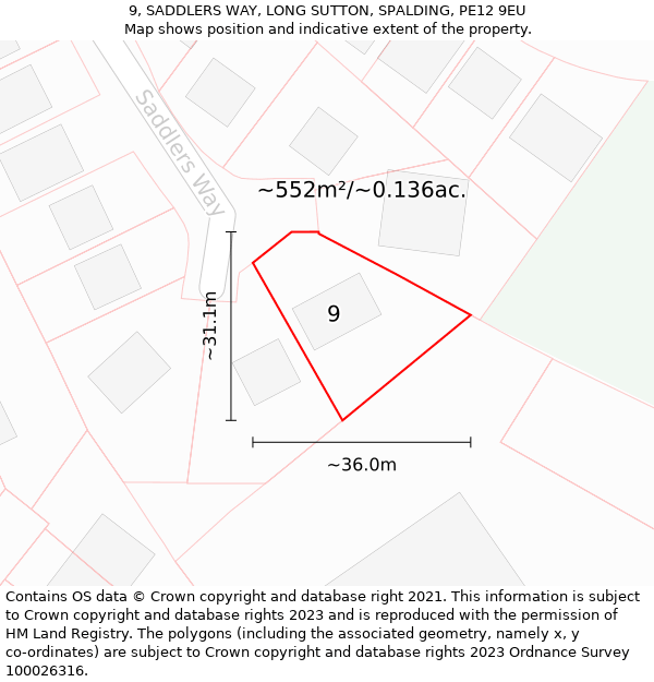 9, SADDLERS WAY, LONG SUTTON, SPALDING, PE12 9EU: Plot and title map