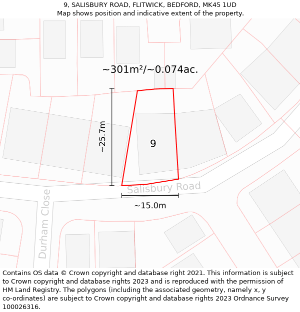 9, SALISBURY ROAD, FLITWICK, BEDFORD, MK45 1UD: Plot and title map