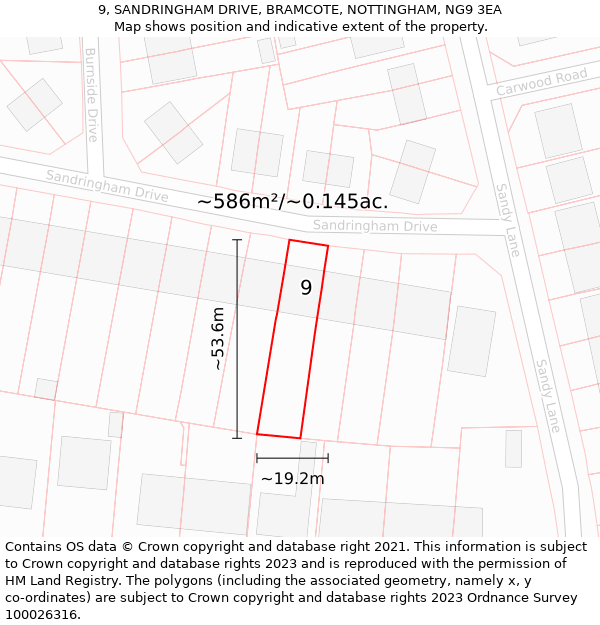 9, SANDRINGHAM DRIVE, BRAMCOTE, NOTTINGHAM, NG9 3EA: Plot and title map