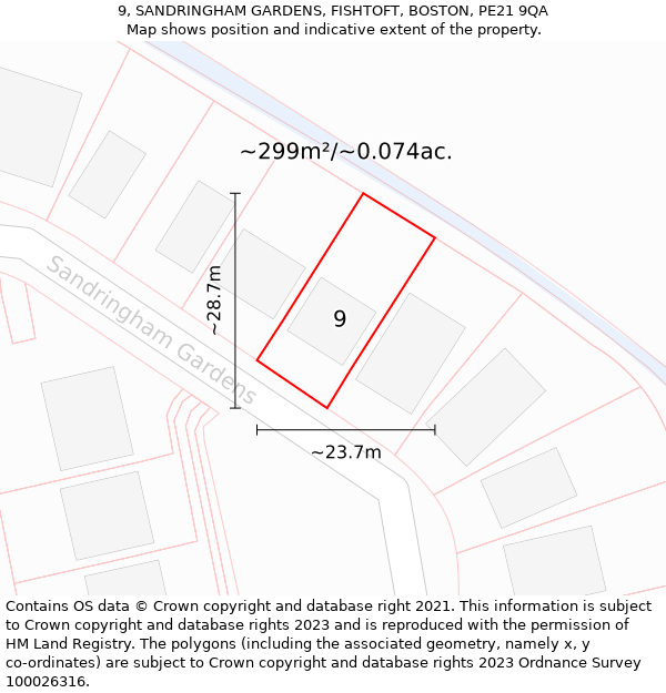 9, SANDRINGHAM GARDENS, FISHTOFT, BOSTON, PE21 9QA: Plot and title map