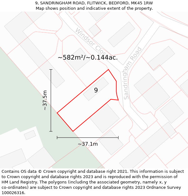 9, SANDRINGHAM ROAD, FLITWICK, BEDFORD, MK45 1RW: Plot and title map