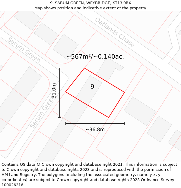 9, SARUM GREEN, WEYBRIDGE, KT13 9RX: Plot and title map
