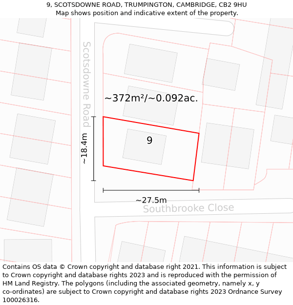 9, SCOTSDOWNE ROAD, TRUMPINGTON, CAMBRIDGE, CB2 9HU: Plot and title map