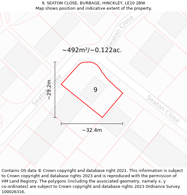 9, SEATON CLOSE, BURBAGE, HINCKLEY, LE10 2BW: Plot and title map