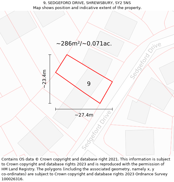 9, SEDGEFORD DRIVE, SHREWSBURY, SY2 5NS: Plot and title map