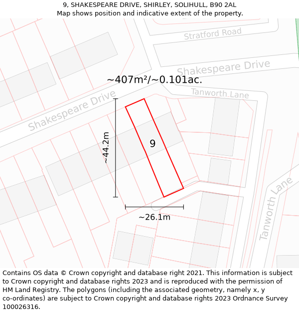 9, SHAKESPEARE DRIVE, SHIRLEY, SOLIHULL, B90 2AL: Plot and title map