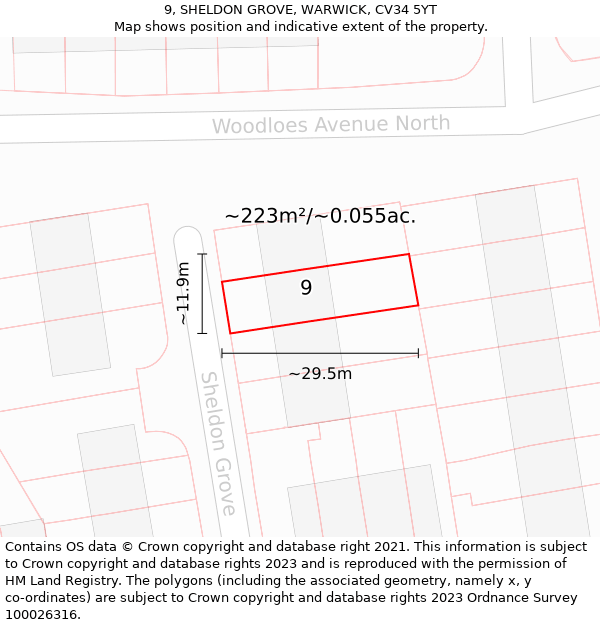 9, SHELDON GROVE, WARWICK, CV34 5YT: Plot and title map