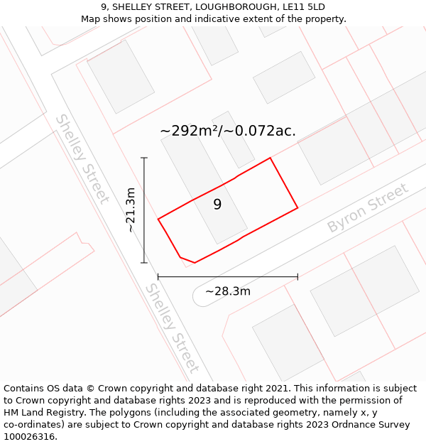 9, SHELLEY STREET, LOUGHBOROUGH, LE11 5LD: Plot and title map