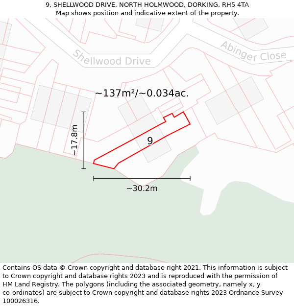 9, SHELLWOOD DRIVE, NORTH HOLMWOOD, DORKING, RH5 4TA: Plot and title map