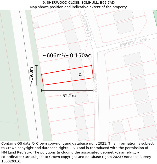 9, SHERWOOD CLOSE, SOLIHULL, B92 7AD: Plot and title map